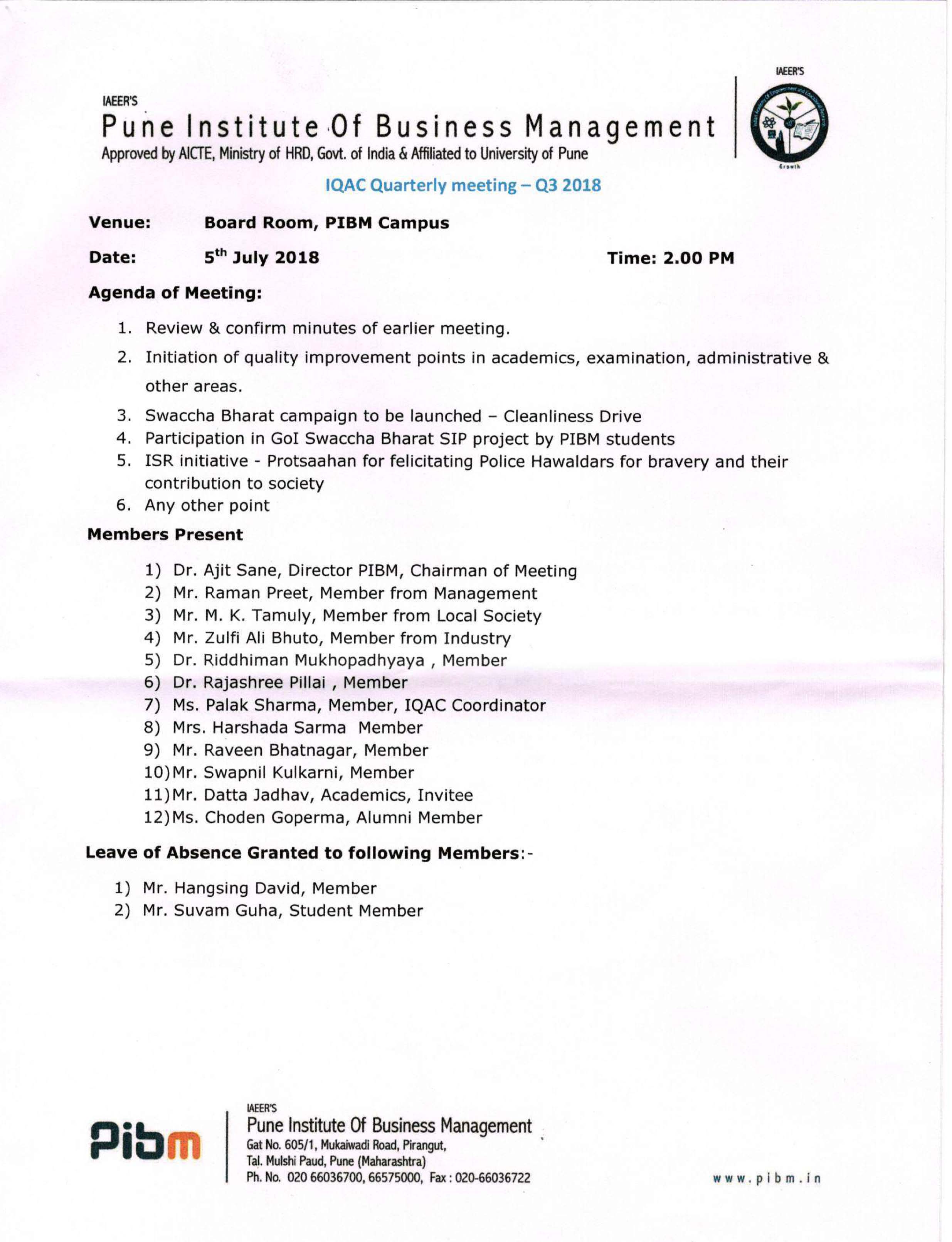   IQAC Meeting Q3 Jul 2018